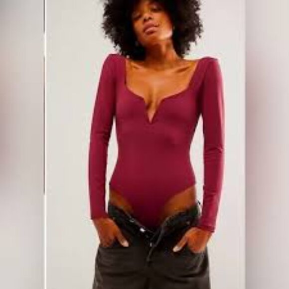 Free People NWT XL Stars Aligned V-Wire Bordeaux Long Sleeve Thong Bodysuit Boho - Picture 1 of 7